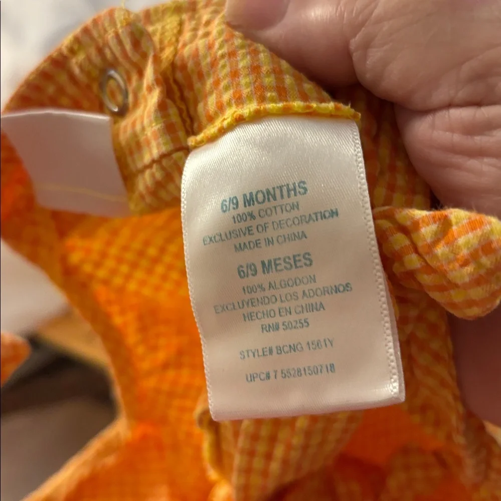 Baby connection Orange Gingham seersucker Baby Romper 6-9 months